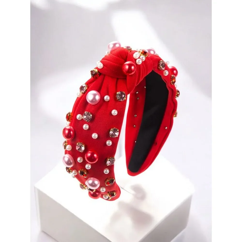 A Love Bomb Top Knot Faux Pearl and Rhinestone Headband
